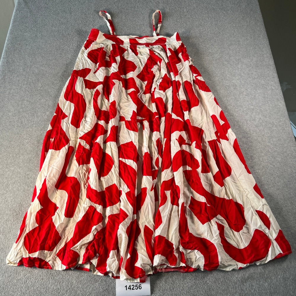 NWT Abel The Label Maxi Dress Womens M Red White Abstract Pleated Spaghetti